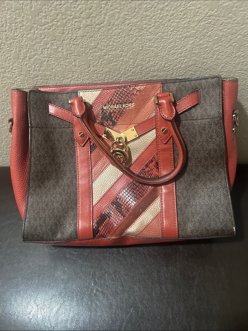 Michael Kors Brown and Coral Panel Satchel with Gold Hardware